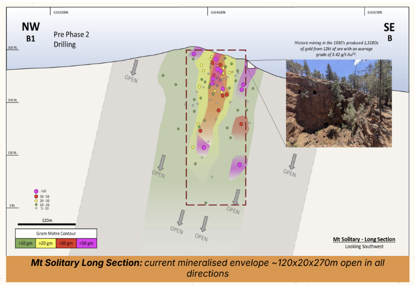 Map showing mineralized zones at Mount Hope Mining Mt Solitary Long Section