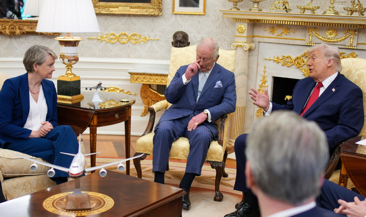 Yvette Cooper looks on as King Charles left in stitches during Donald Trump crunch talks