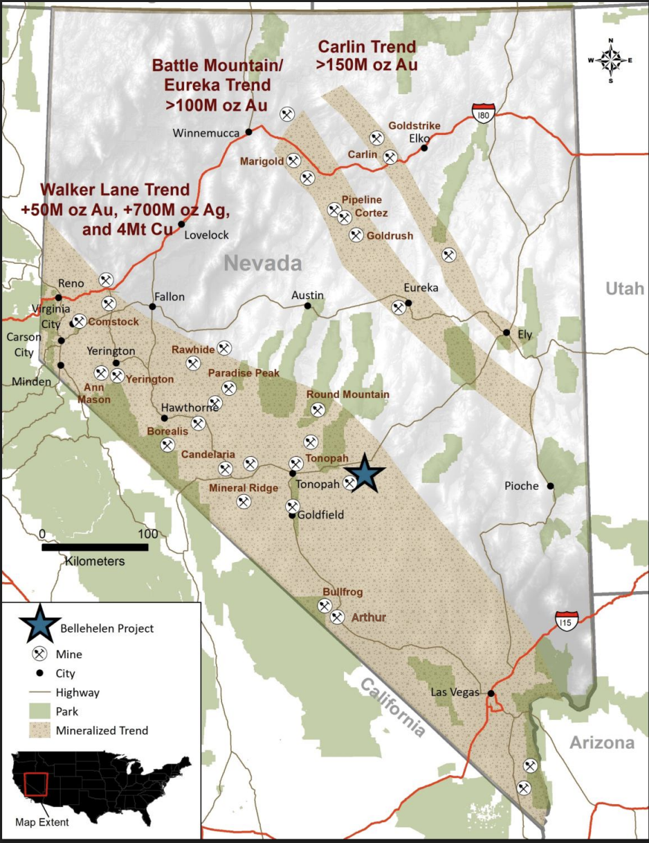 Map of Nevada showing Excalibur Metals' Bellehelen Property location