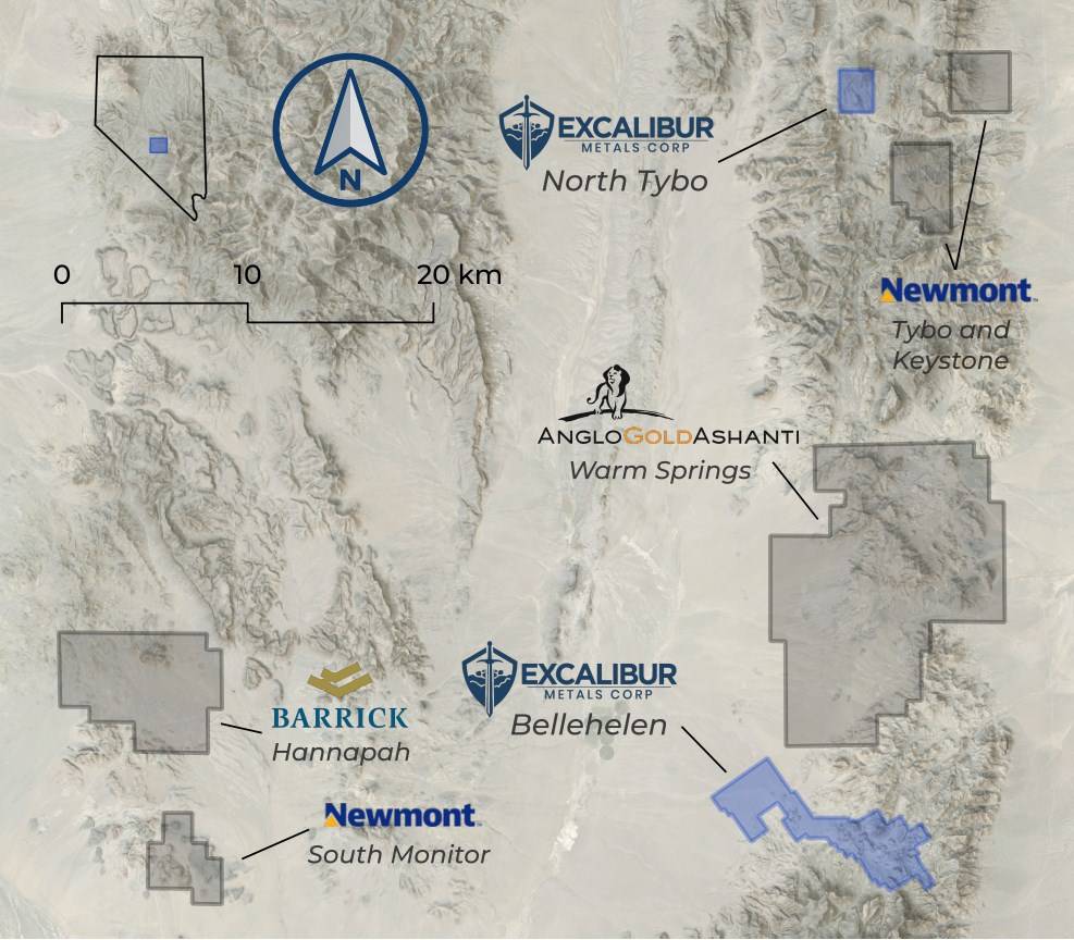 Map shows mining sites including Excalibur Metal's North Tybo project