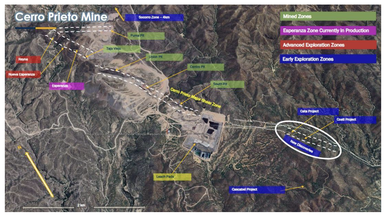 Aerial view of Goldgroup Minings' Cerro Prieto Mine with labeled zones and projects; text reads: Cerro Prieto Mine, New Discoveries.
