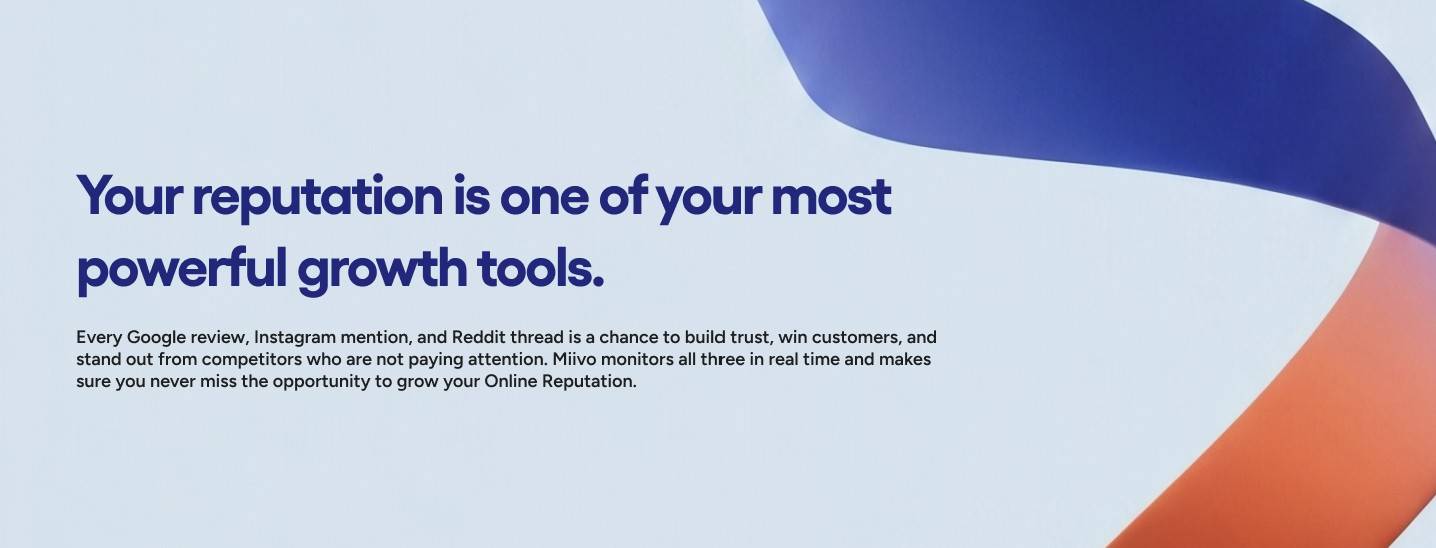 Text reads: "Your reputation is one of your most powerful growth tools" over a blue and orange abstract ribbon design.