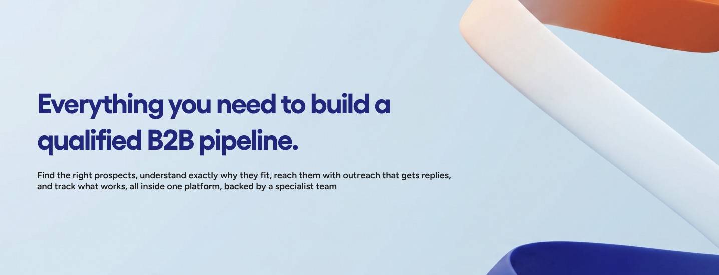 Miivo AI qualified B2B pipeline, over abstract curved orange and blue shapes on light blue background.