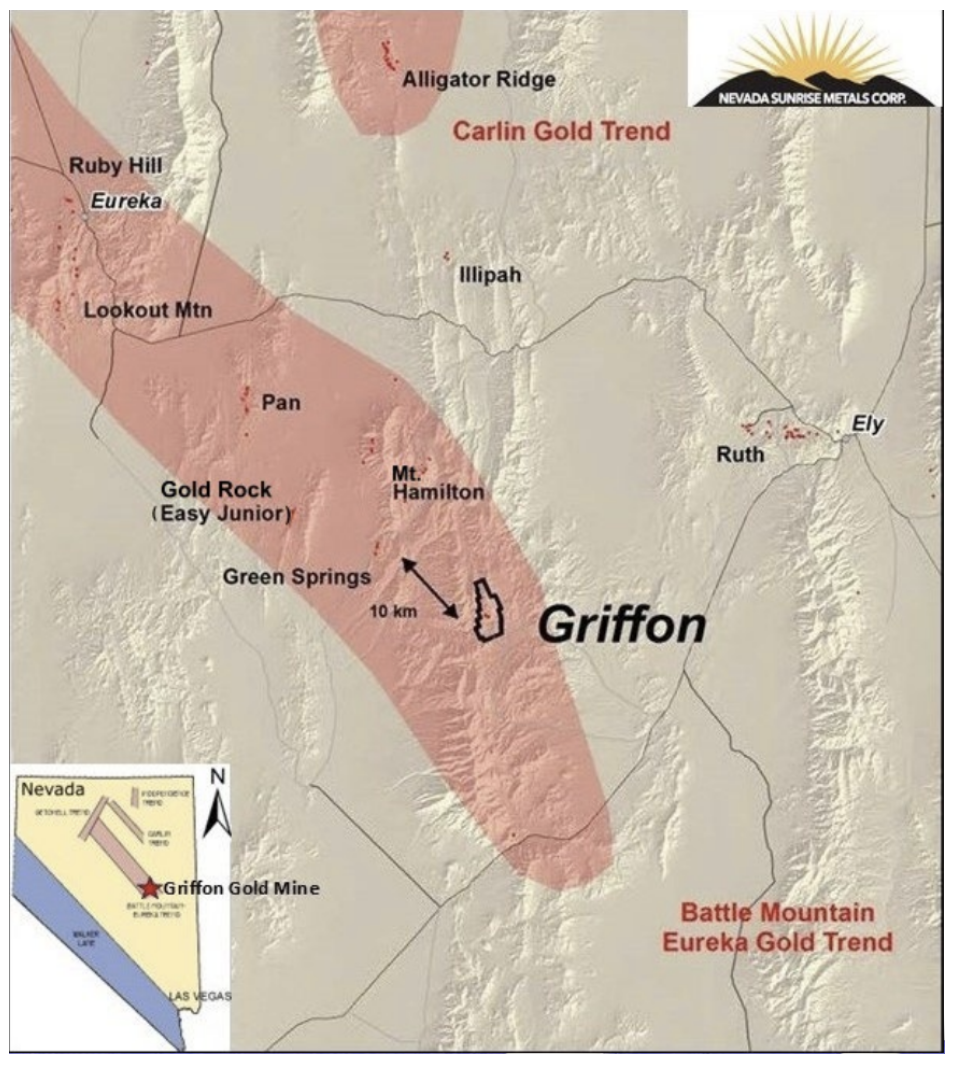 Map showing the Carlin Gold Trend in Nevada with locations like Nevada Sunrise Metals' Griffon and Gold Rock marked in red.