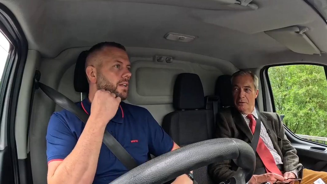 Watch in full: Nigel Farage takes van ride with Reform’s Makerfield by-election candidate