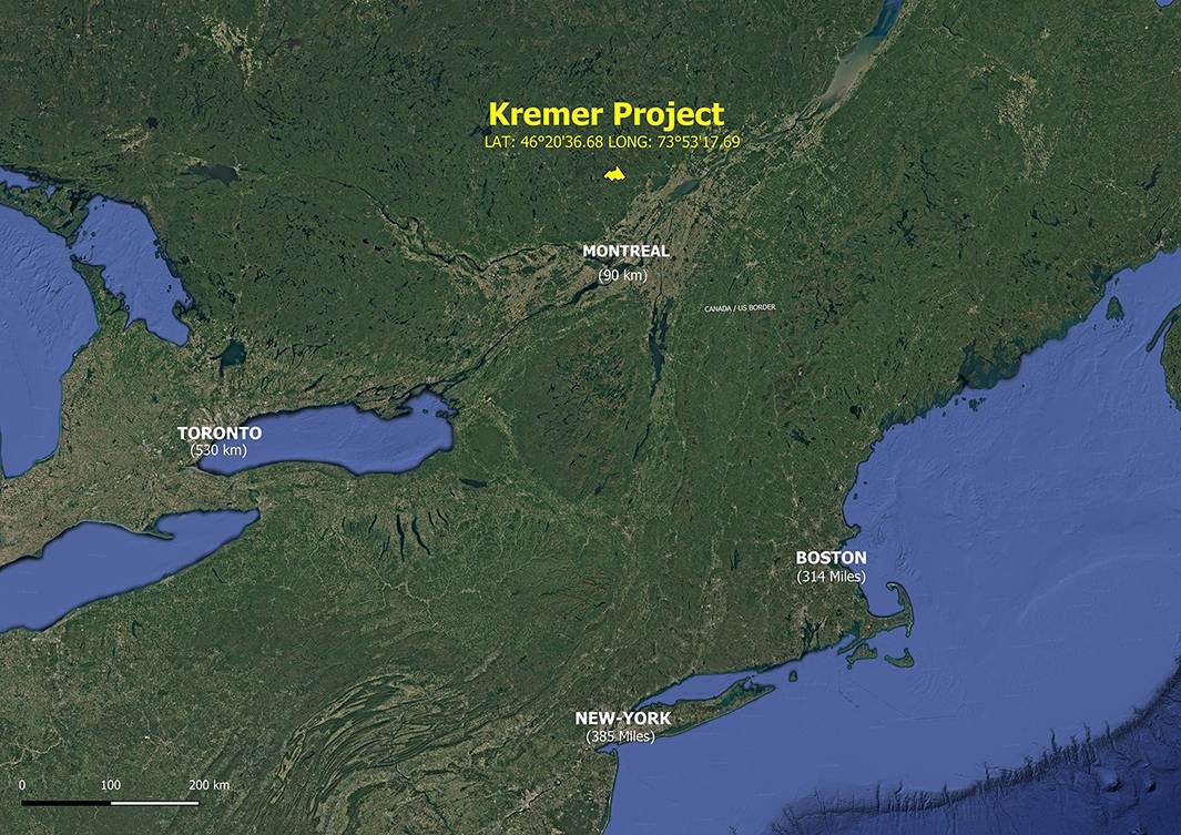Map showing cities and distances with text reading: Kremer Project, over North American geographic features.