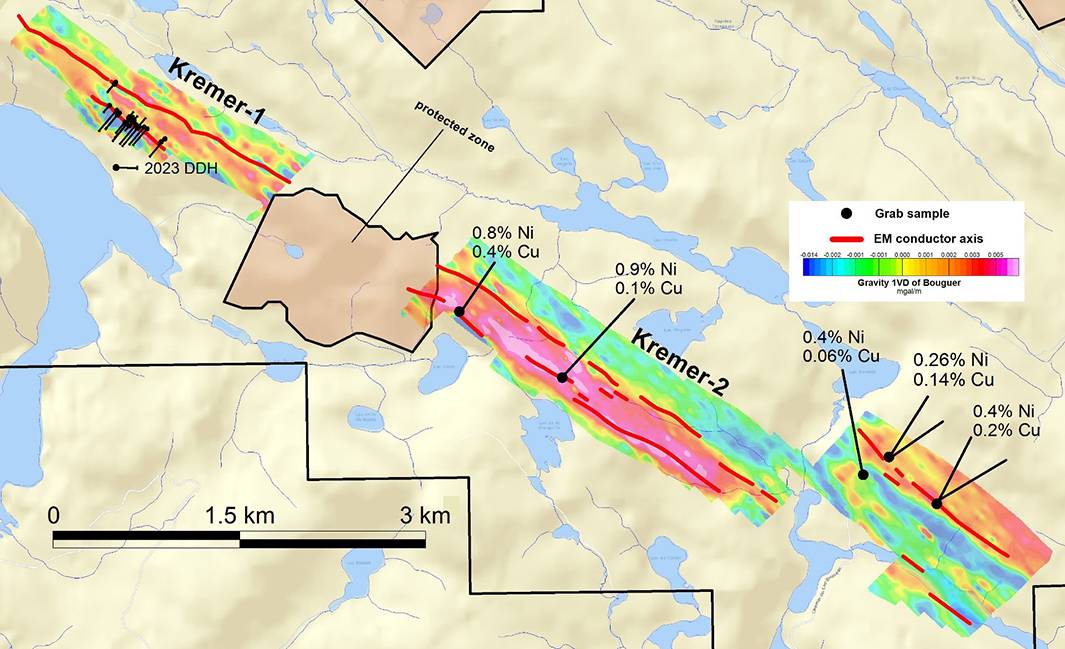 Map with multicolored geological survey, labeled areas Kremer-1 and Kremer-2, and text on mineral percentages and sample points.