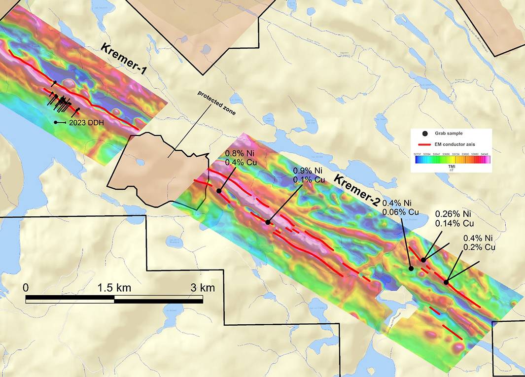 Colorful geological map with labeled zones, lines, and percentages of nickel and copper; text reads: "Kremer-1," "Kremer-2."