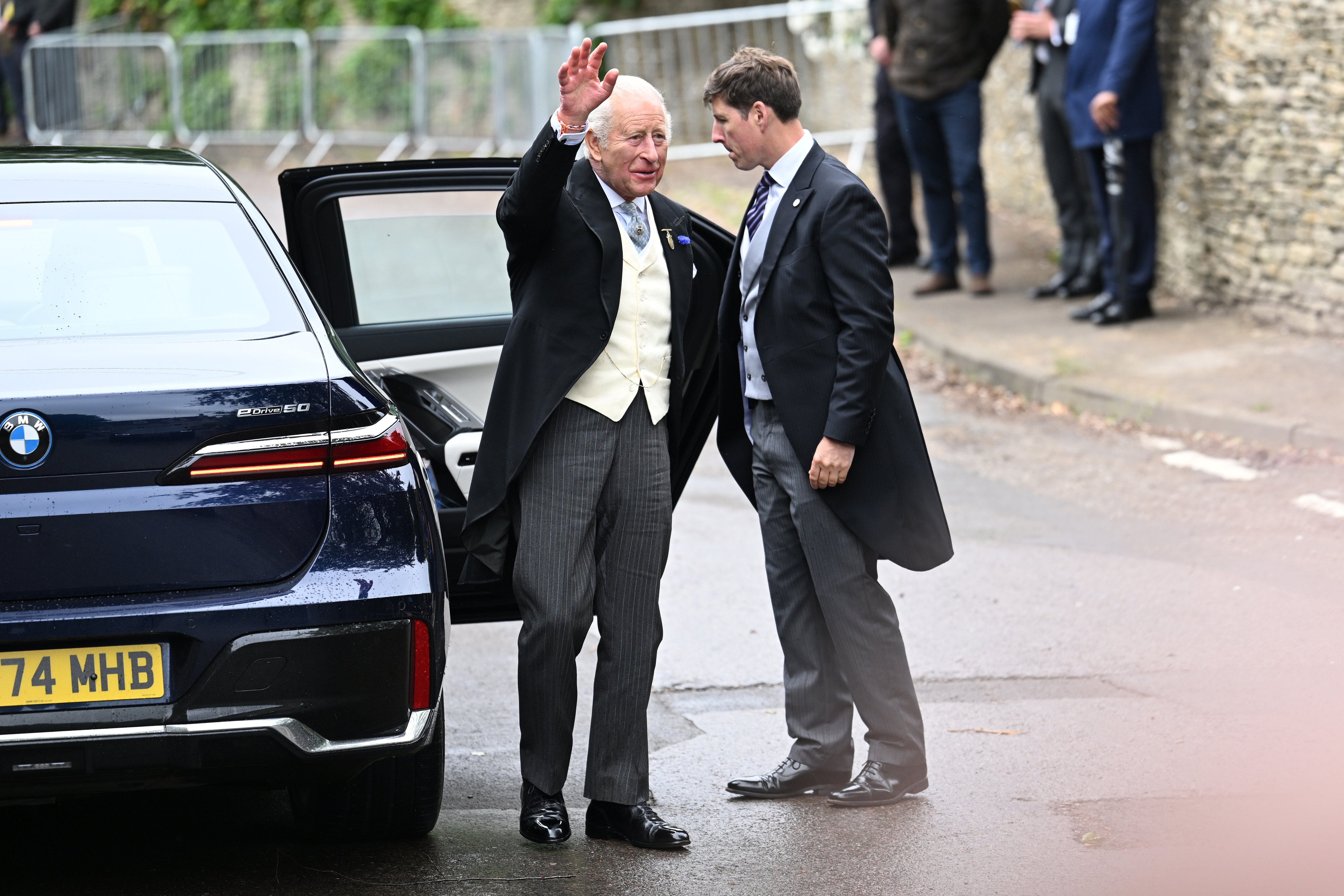 King Charles and Queen Camilla arrive for Peter Phillips' Cotswolds wedding with Harriet Sperling