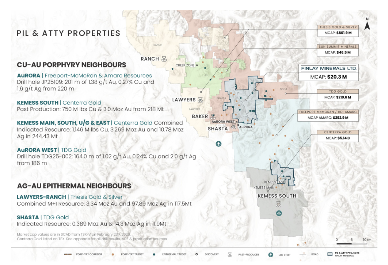 Map of Finlay Minerals PIL and ATTY properties