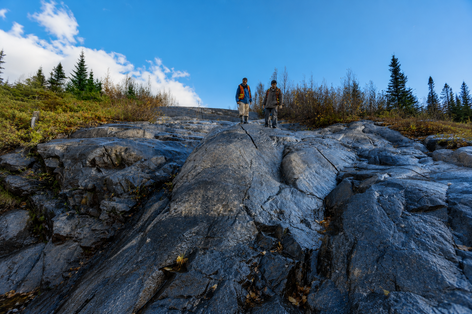 Sloped, rocky surface surrounded by trees and greenery under a clear blue skyat VanadiumCorp Resource' Lac Dore property