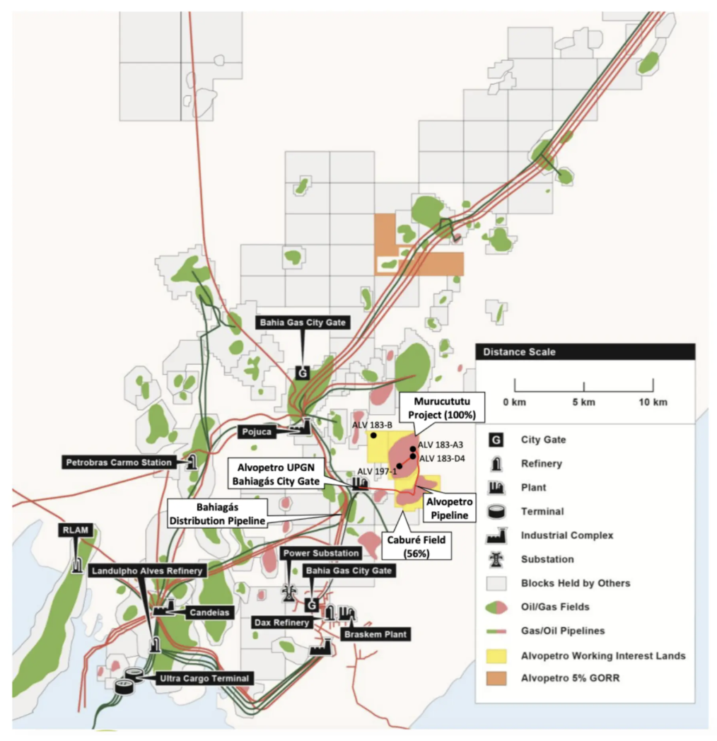 Map showing Alvopetro Energy's pipelines, fields, and facilities in Brazil with labels like Bahia Gas City Gate and Murucututu Project.