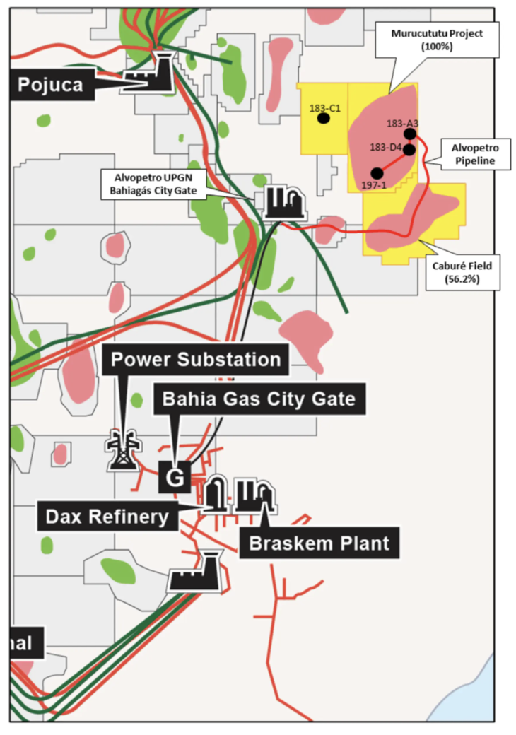 Map showing pipelines with highlighted fields and pathways.at Alvopetro Energy's Cabure field
