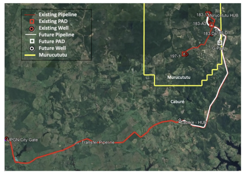 A map showing the boundary for Alvopetro Energy's Murucututu with existing Pipeline, Existing PAD, Existing Well, Future Pipeline, Future PAD, Future Well, Murucututu.