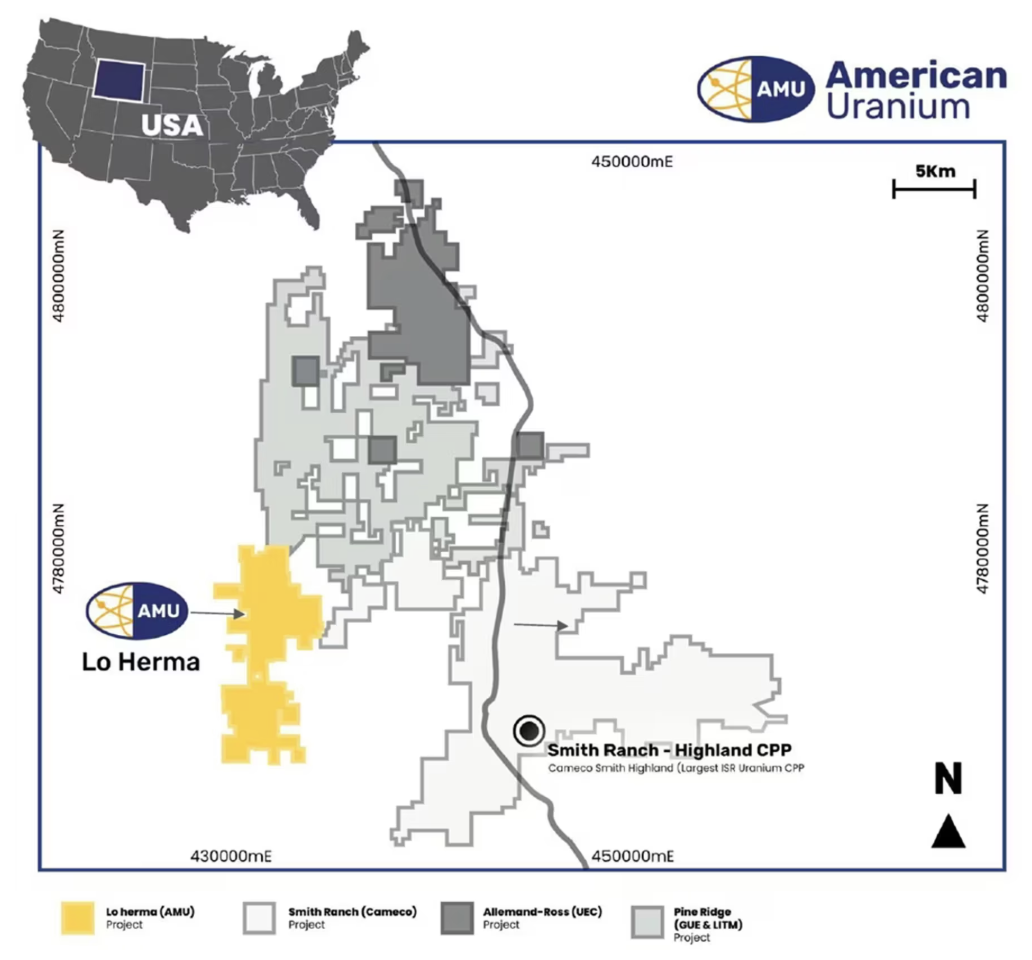 Map shows American Uranium ISR plants near Casper, Wyoming with various processing sites and deposits 