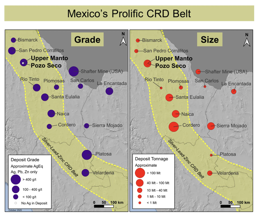 Map of Mexico's CRD Belt showing deposit grades and sizes by location.