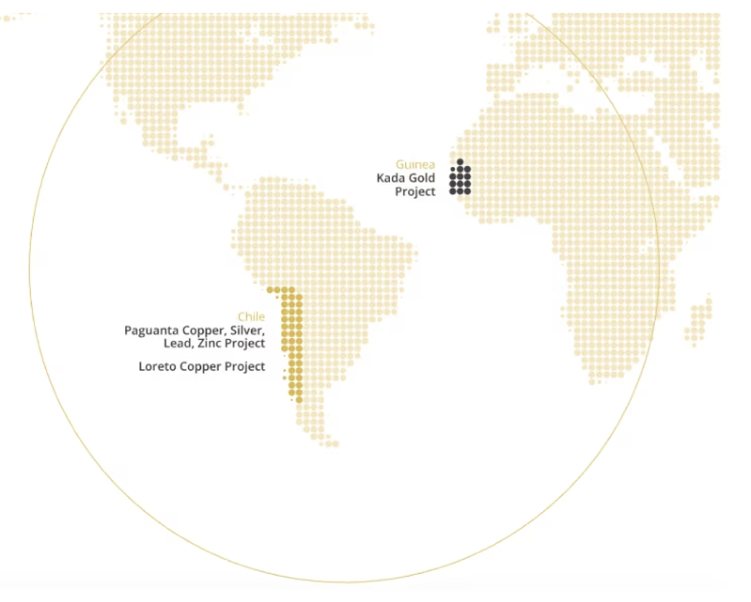 Map showing Asara Resources' mining projects in Chile and Guinea.