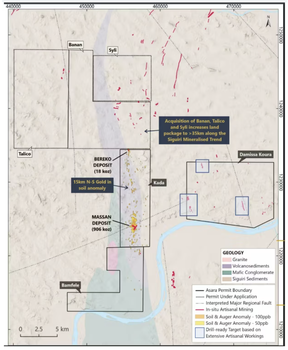 Map showing Asara Resources' gold deposits and land acquisition in the Siguiri Mineralized Trend.