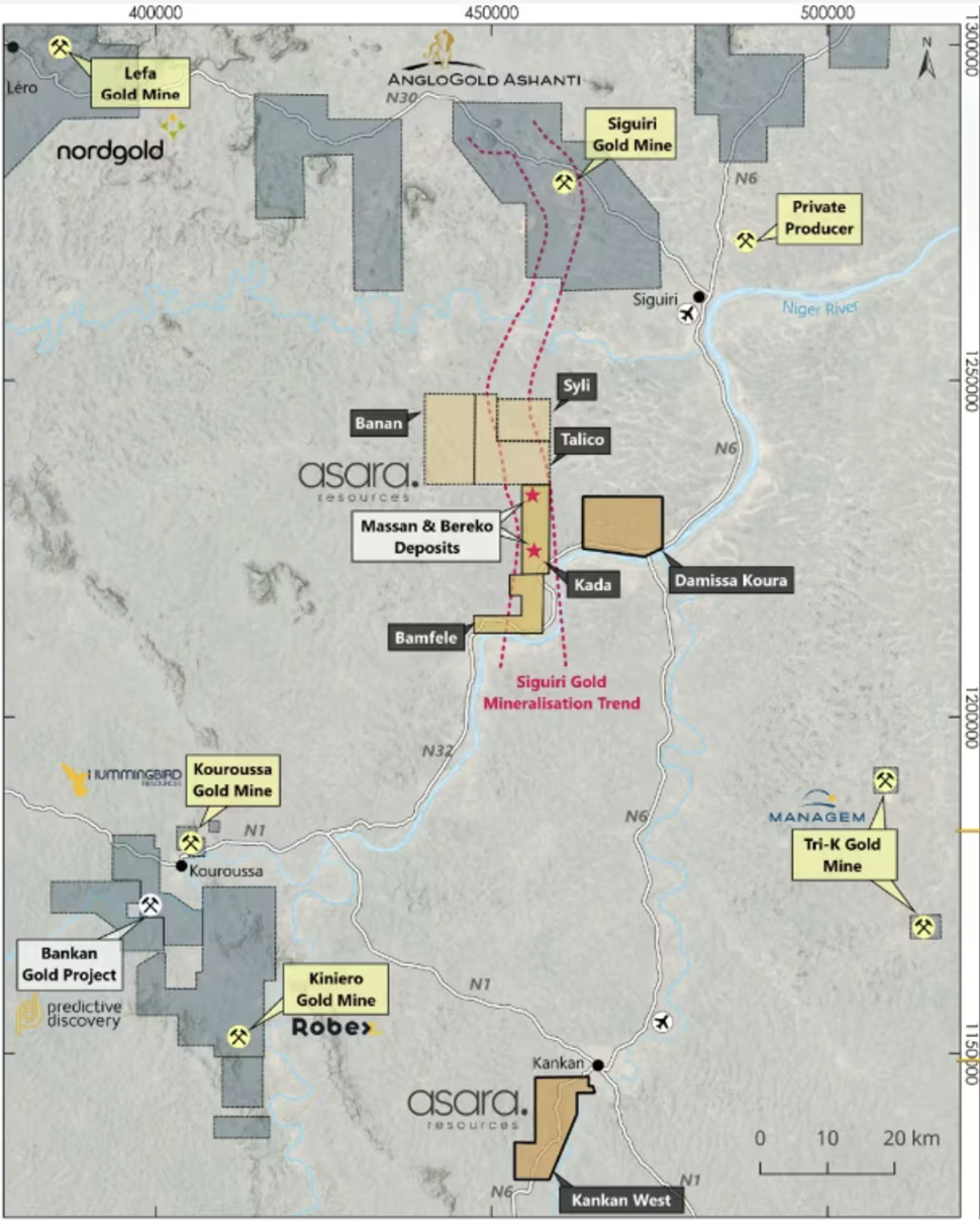 Map of gold mines and deposits in Guinea, showing Asara Resources' gold projects
