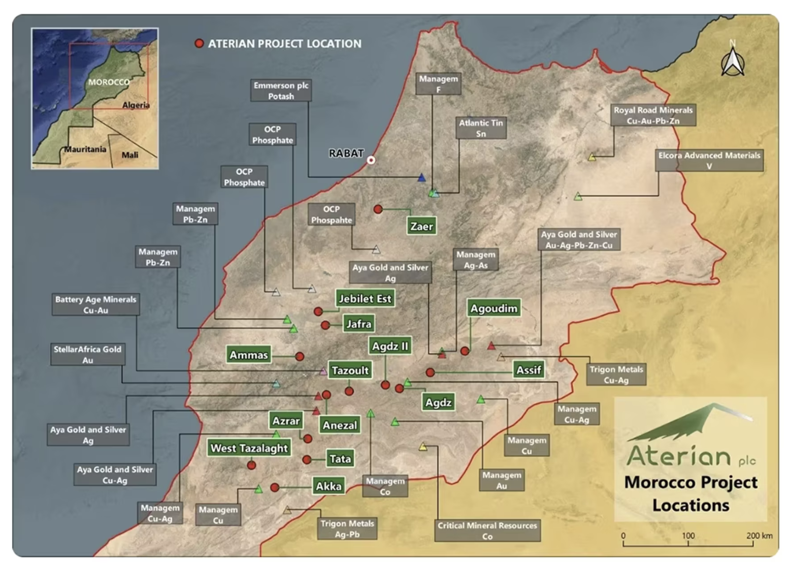 Map of Morocco shows Aterian project locations with green and red labels; inset map highlights North Africa.