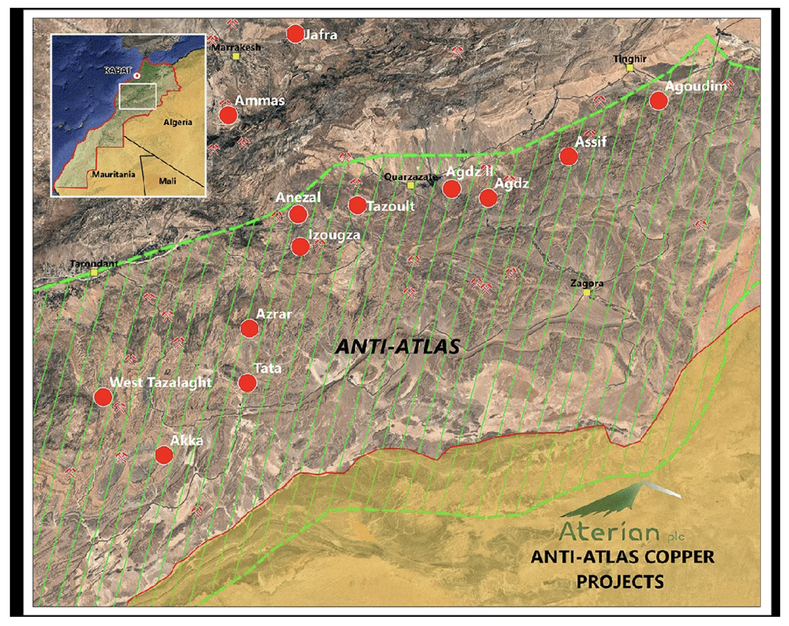 Map of Anti-Atlas region with labeled copper project sites, green grid lines, and a yellow inset map showing location.