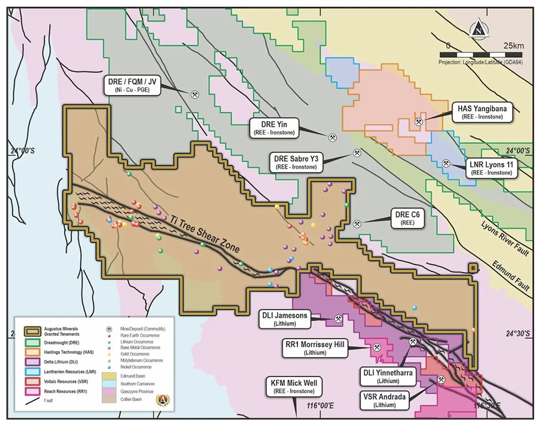 Map showing mineral occurrences and tenements with color-coded labels and a legend detailing various resources from Augustus Minerals projects