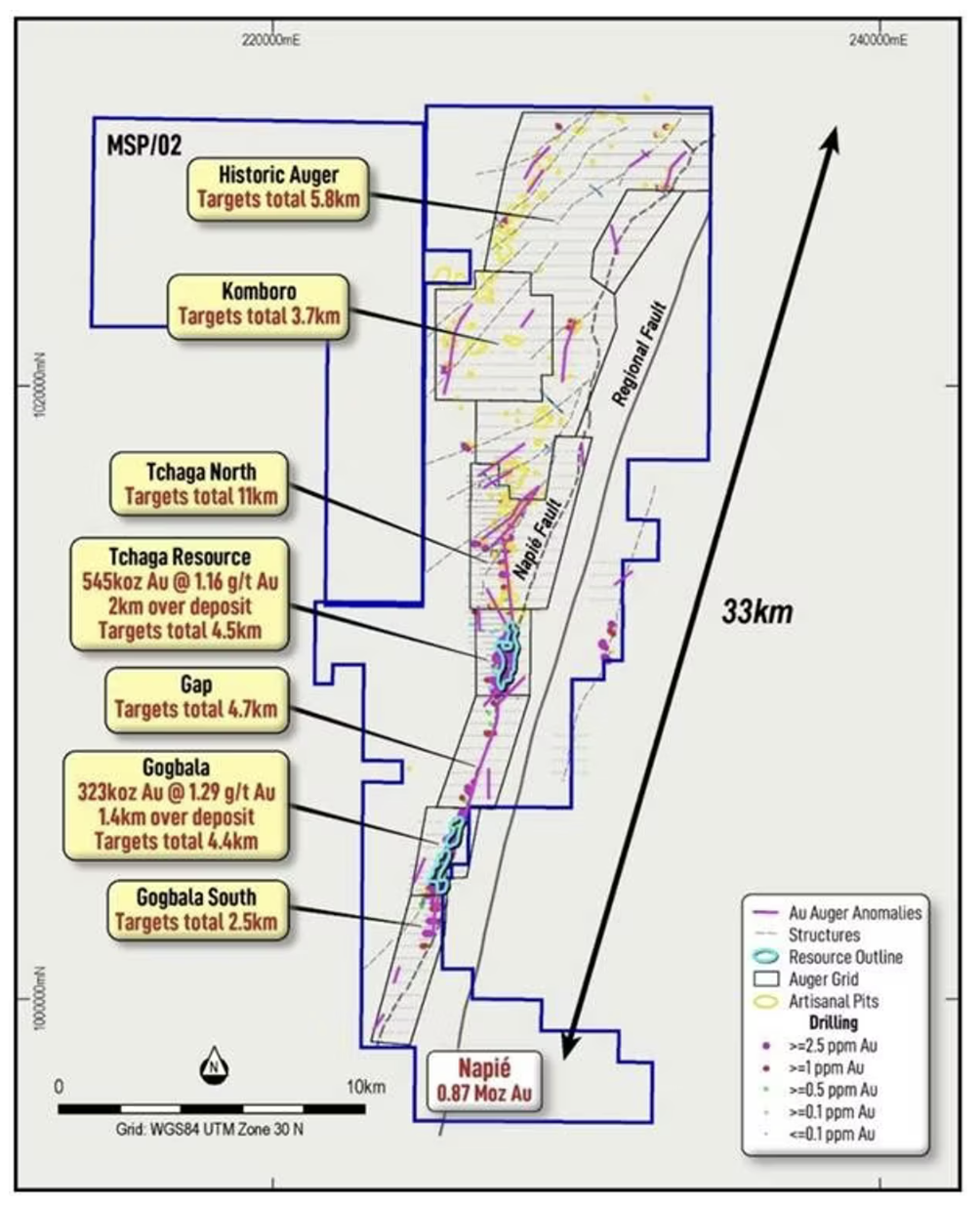 Map of Aurum Resources Napié Gold Project with labeled gold targets