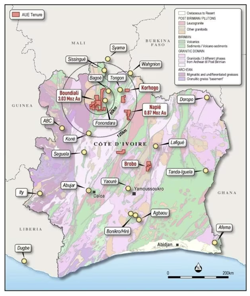 Map of Côte d'Ivoire with Aurum Resources' projects