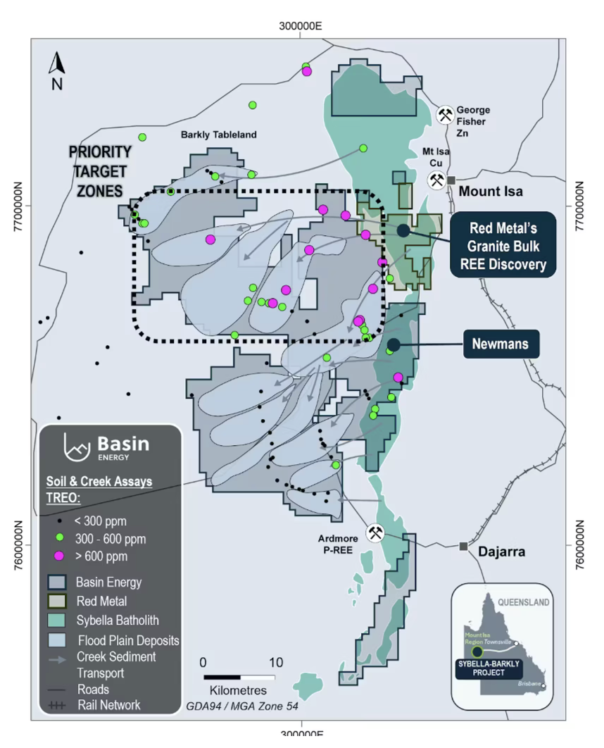 Map of Basin Energy with target zones, assays, and deposits in Queensland.