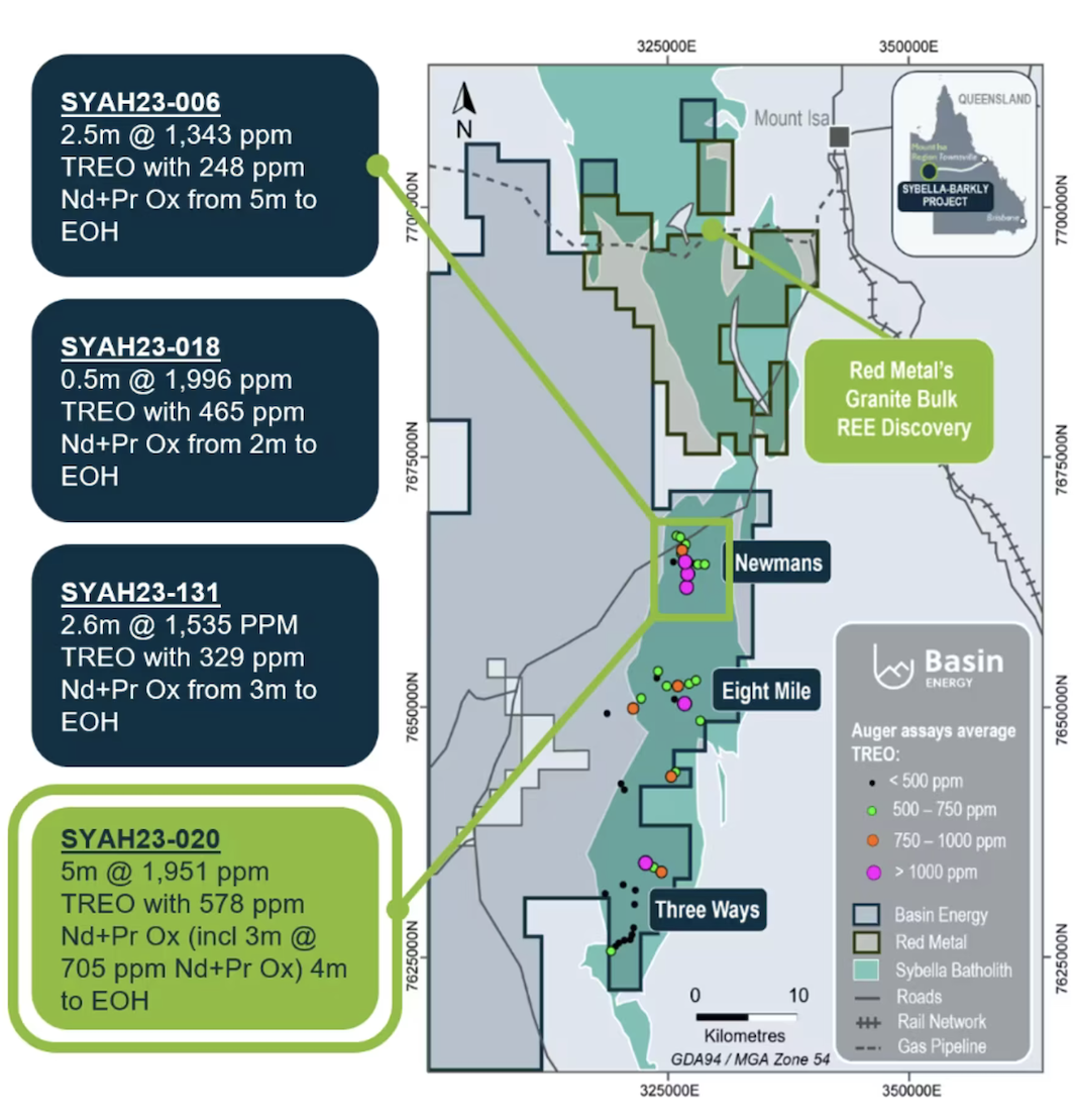 Map showing Basin Energy's Granite Bulk REE Discovery in Queensland with drill results.