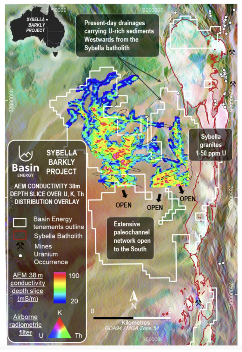 Map showing Basin Energy's Sybella Barkly project's geological data and drainages in Australia.