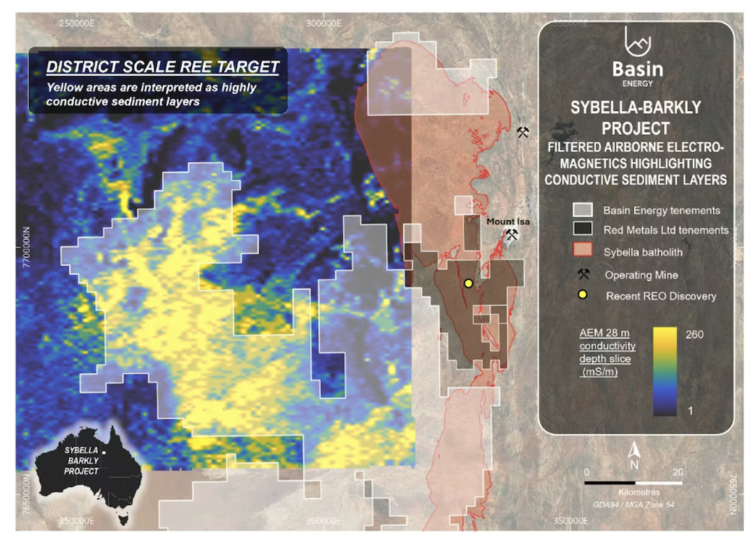 Map showing Basin Energy's Sybella-Barkly Project with conductive sediment layers highlighted.