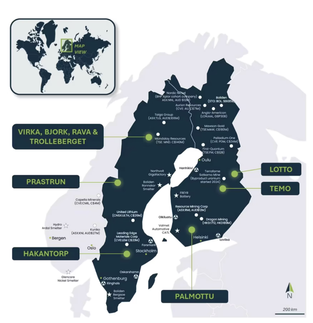 Map highlighting mining and industrial sites including Basin Energy's projects in Finland