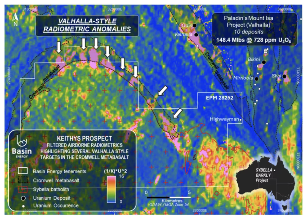 Map showing radiometric anomalies and uranium deposits at Basin Energy's Keithys Prospect