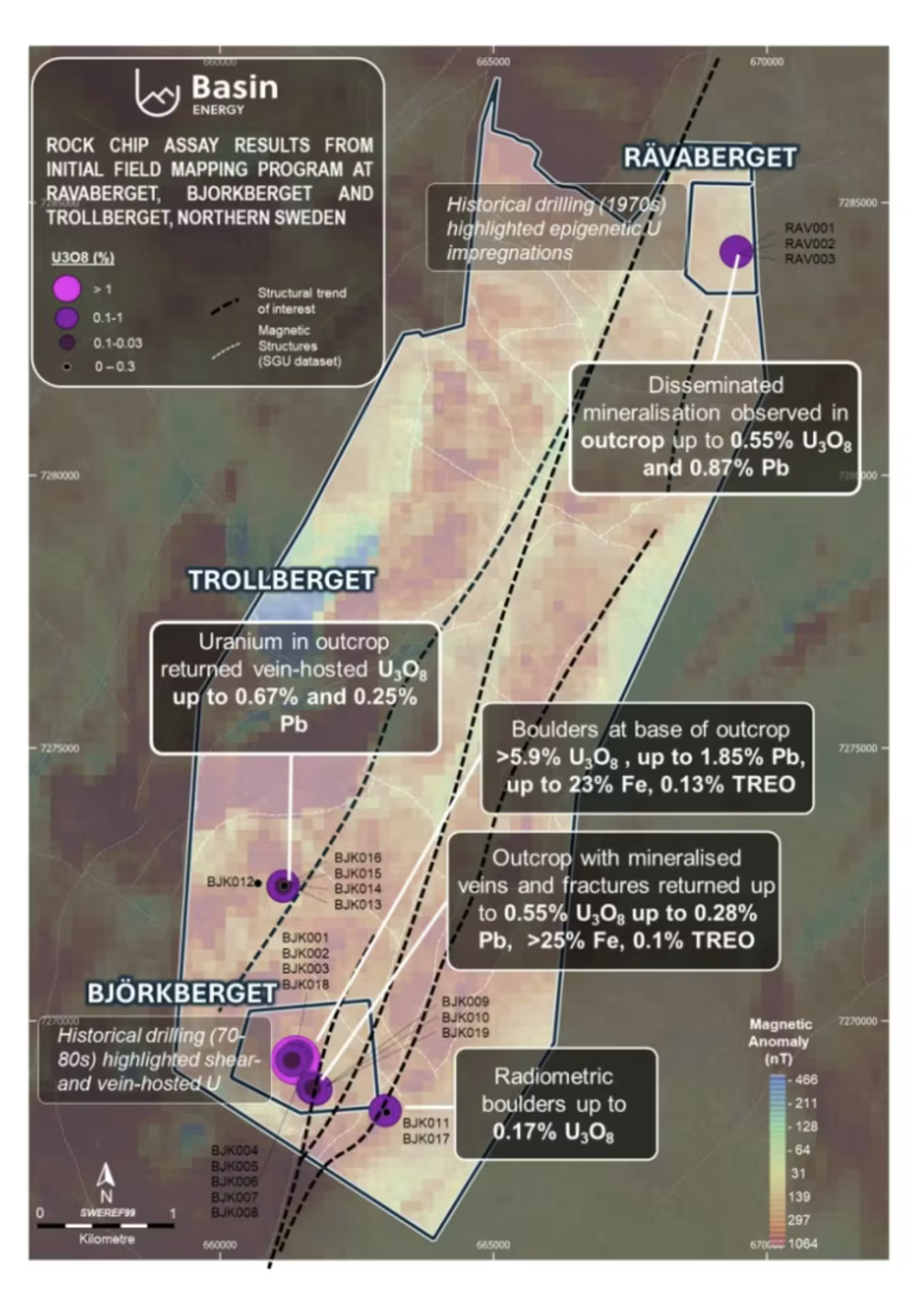 Basin Energy's geological map showing rock chip assay results in Northern Sweden.