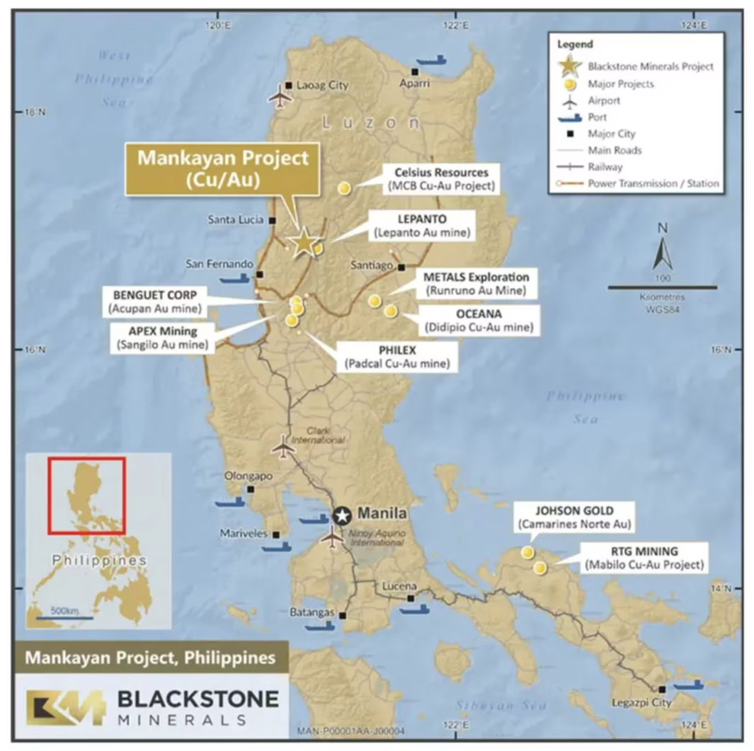 Map of mining projects in Luzon, Philippines, highlighting Blackstone Minerals' Mankayan Project (Cu/Au).
