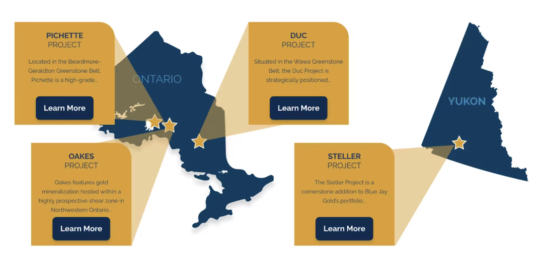 A map of Canada highlights Blue Jay Gold's projects.