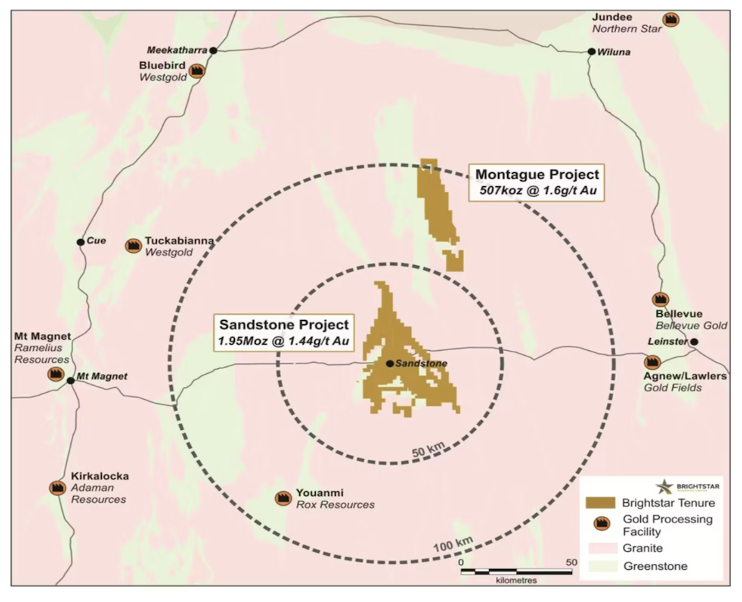 Map showing Brighstar Resources' gold projects and processing facilities in Western Australia.