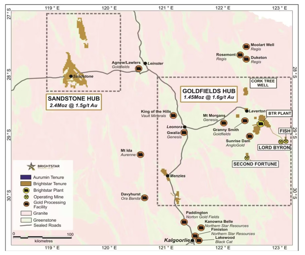 Map of Brightstar Resources' gold mining hubs in Australia with marked mines and plant locations.