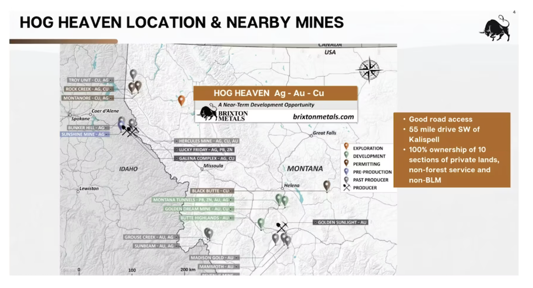 Map showing Brixton Metals' Hog Heaven project location and nearby mines in Montana and Idaho.