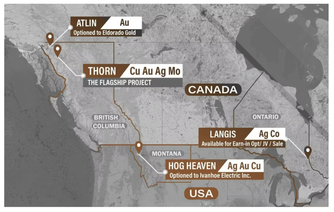 Map showing Brixton Metals' mining projects in Canada and USA, labeled with minerals and locations.