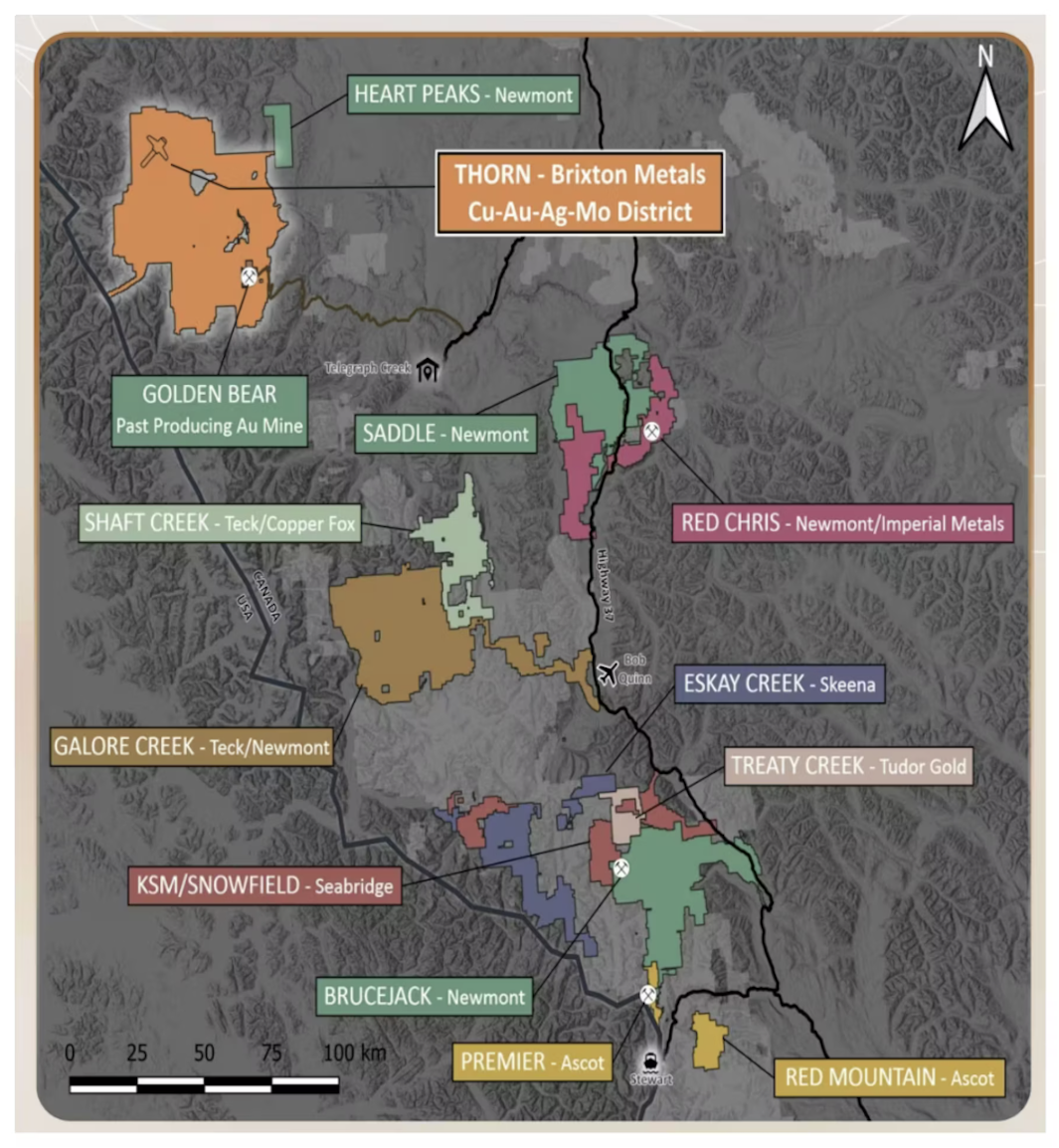Map showing mining districts in Canada including Brixton Metals' Thorn project