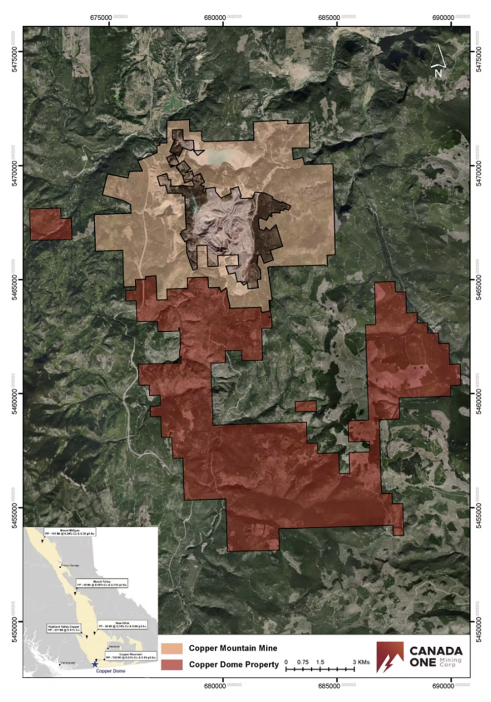 Map showing Copper Mountain Mine and Copper Dome Property areas in brown and red over a green landscape