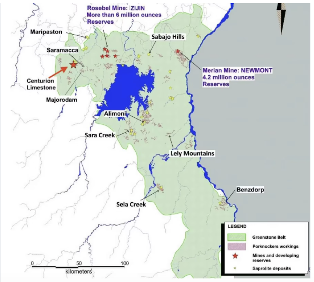 Map showing mining sites in Suriname including Centurion Minerals' Limestone project