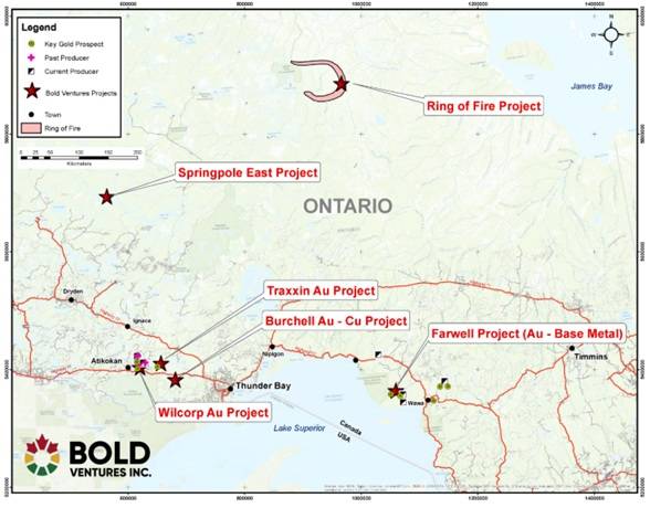 Project location map of Bold Ventures' illustrating their base and precious metals exploration properties across Ontario, Canada