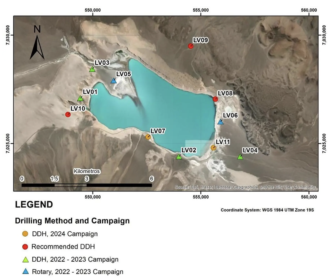 Map showing a lake surrounded by labeled drilling sites with a legend indicating different drilling methods and campaigns.