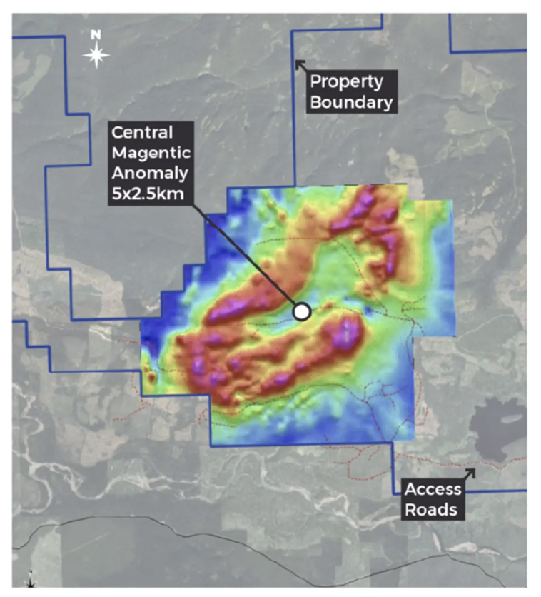 Map showing central magnetic anomaly with property boundaries and access roads at Copper Quest Exploration's Stars project