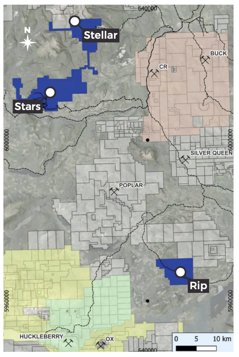 Map highlighting Copper Quest Exploration's Stellar, Stars, and Rip locations with colored regions and labels.