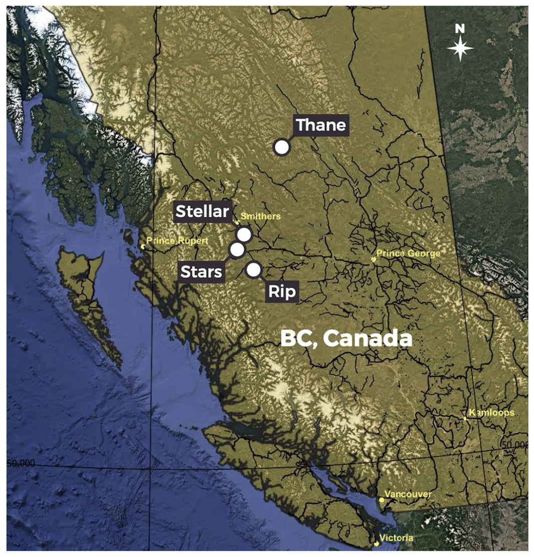 Map of British Columbia, Canada with Copper Quest Exploration projects