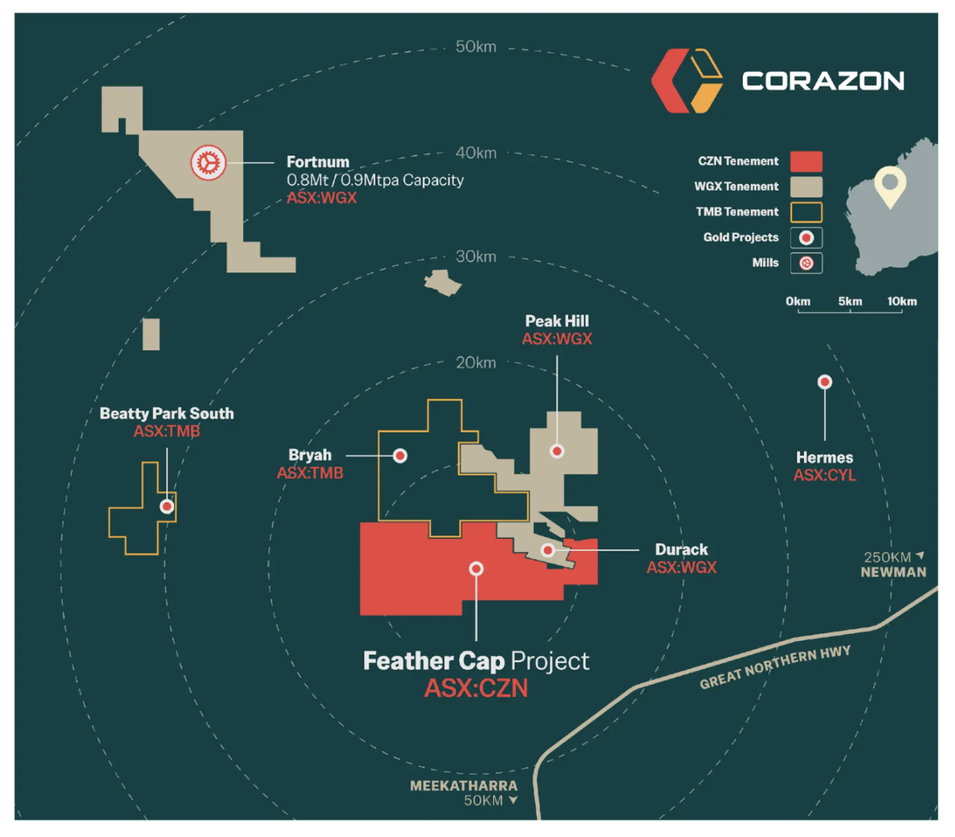 Map with tenements, mills, and gold projects marked Corazon Mining's Feather Cap Project